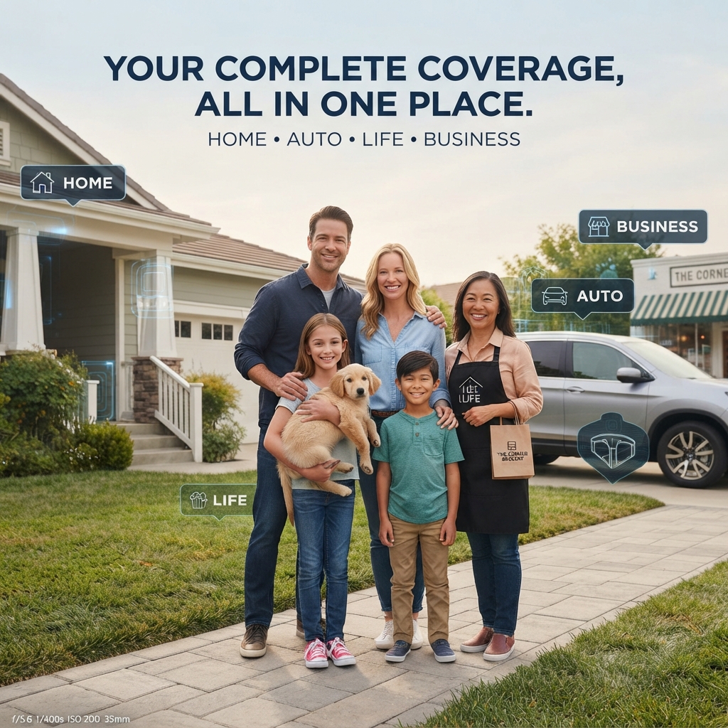 Family outside their home with car and local business — home, auto, life and business coverage