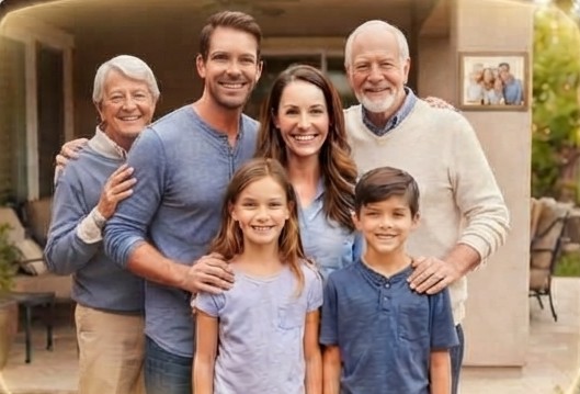 Three-generation family smiling together